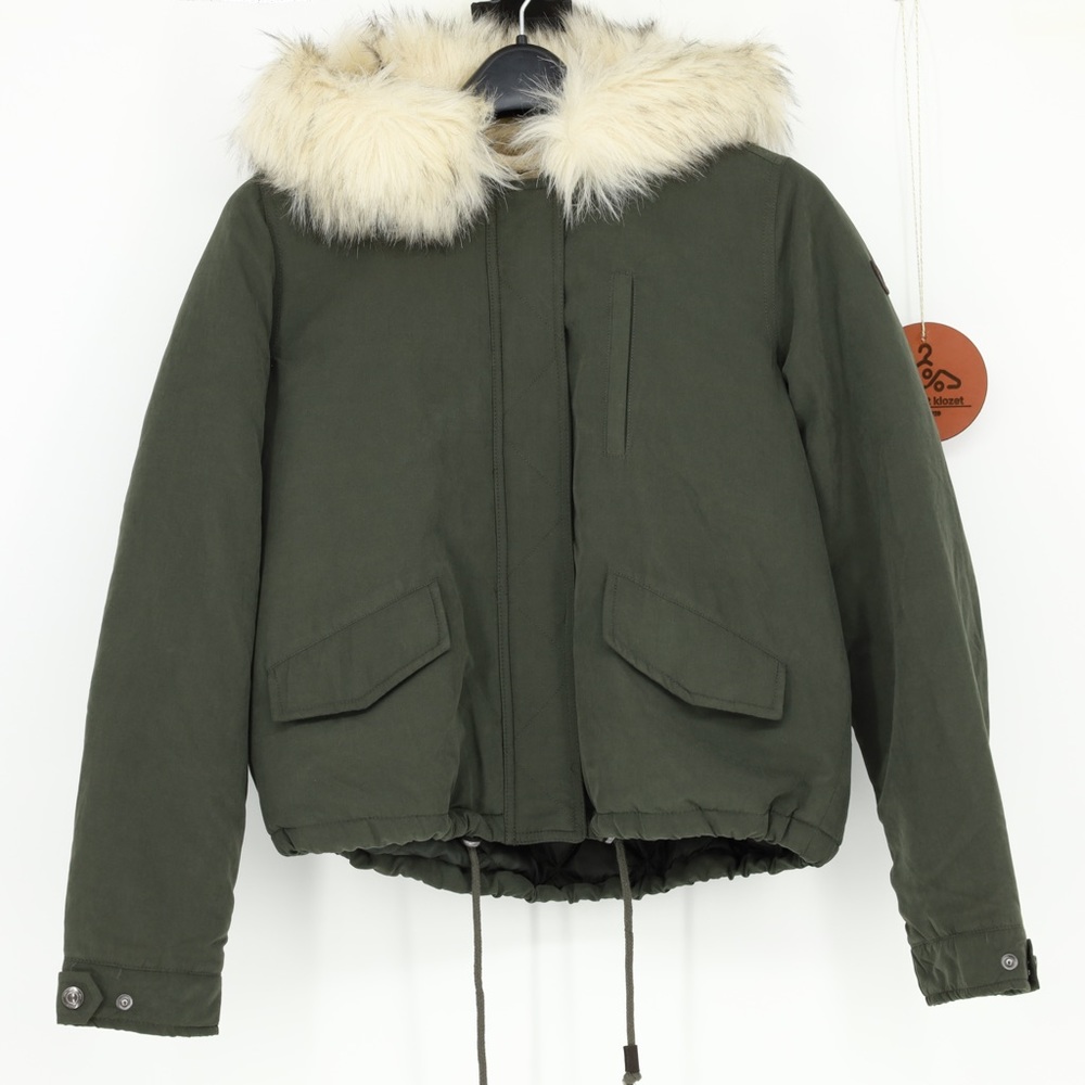 ONLY Blue Denim Women Green Parka Jacket Fur Hood Quilted Lined Size Medium NWT